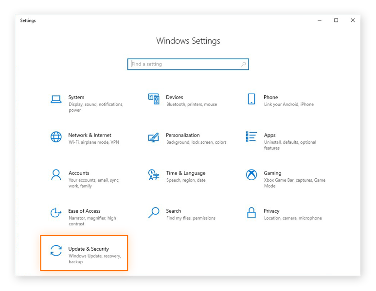 Opening the Update & Security options in the Settings of Windows 10